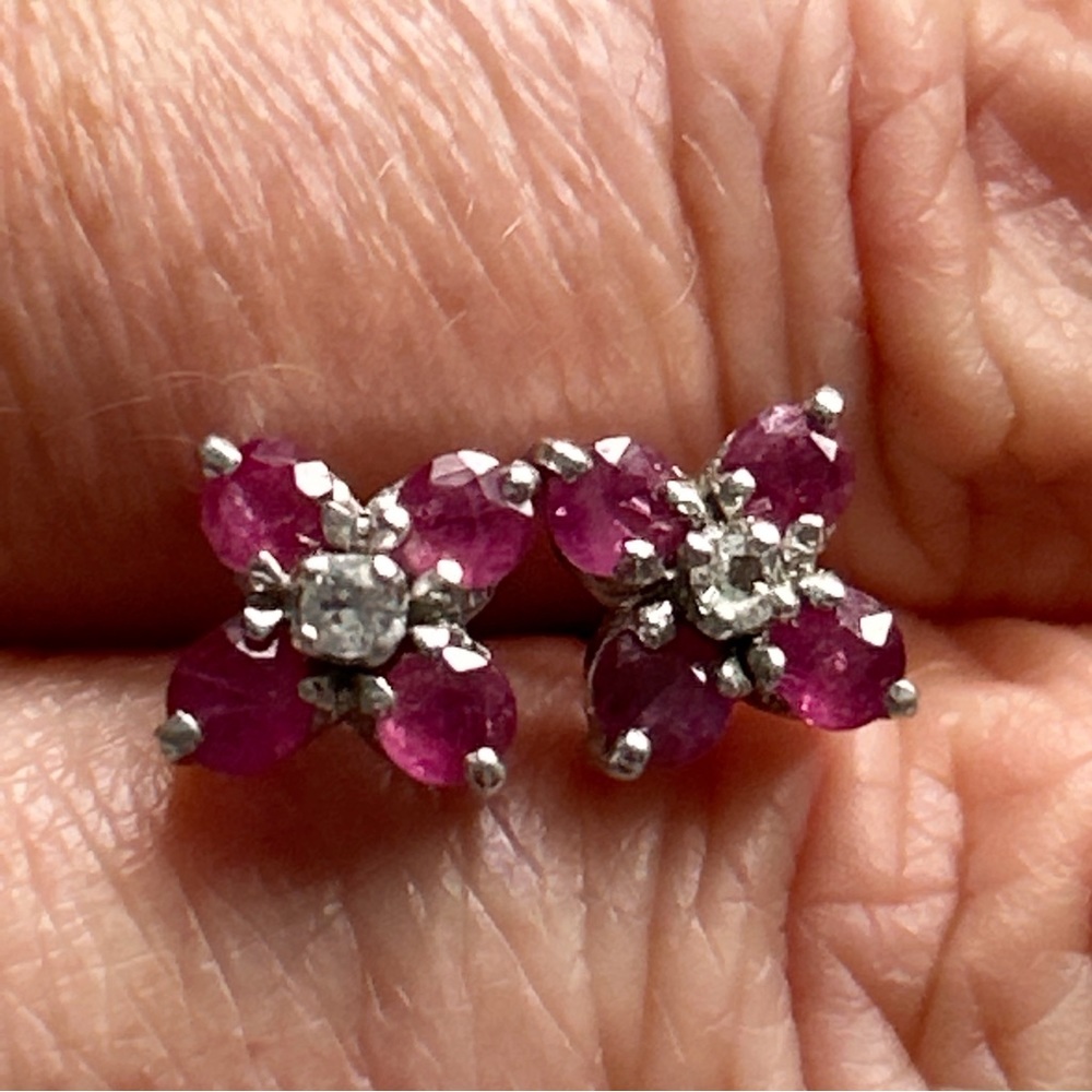 Ruby Gemstone Flower Sterling Silver Earrings - image 2